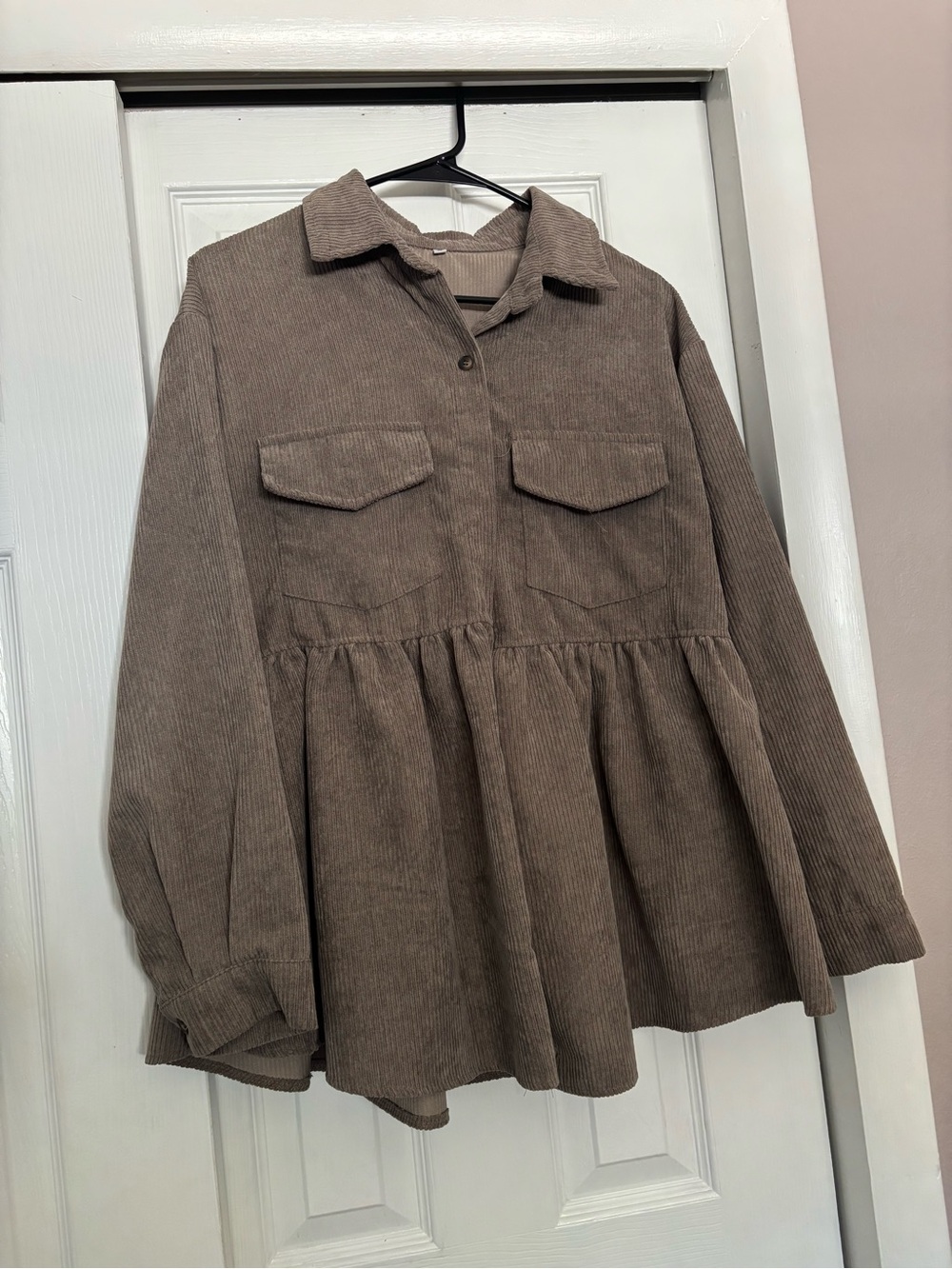 SHEIN Brown Corduroy Peplum Button-Up Blouse